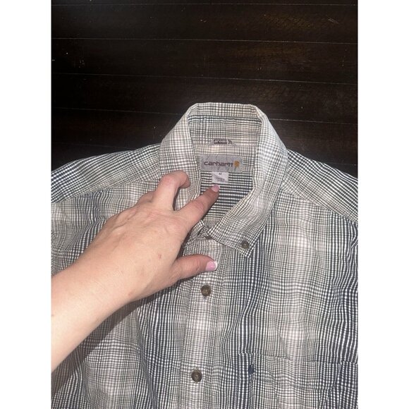 Carhartt Shirt Medium Grey Blue Plaid Short Sleeve Button Down Relaxed Fit Mens - Picture 2 of 3